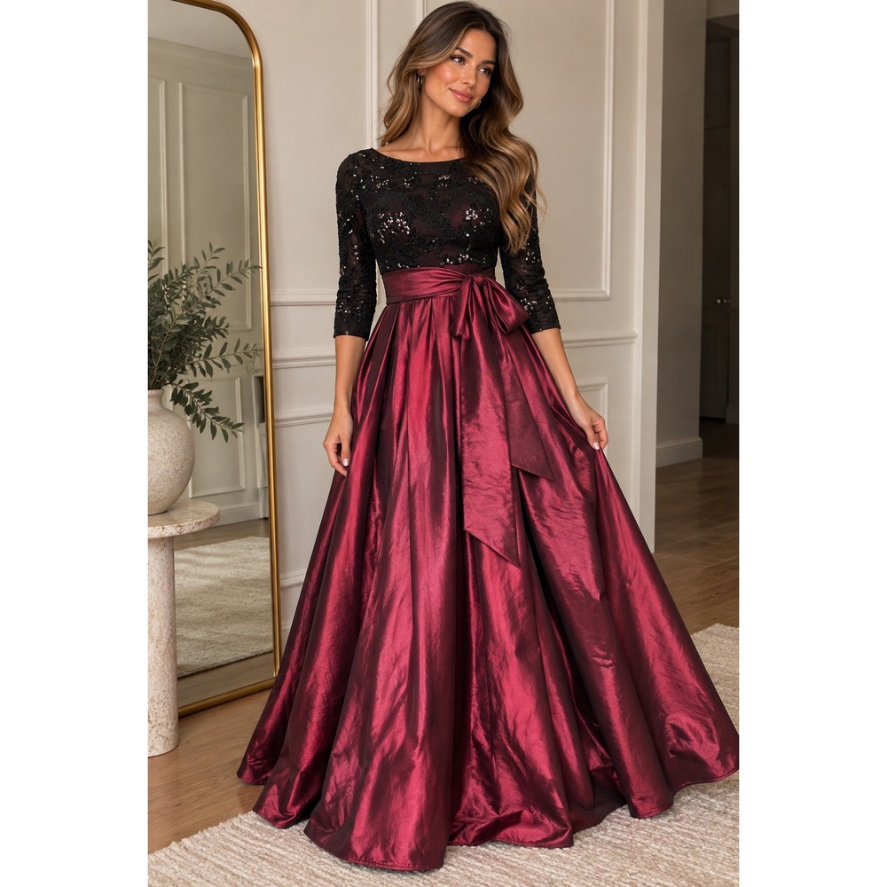 Eliza J Womens Sequin Lace Bodice Metallic Taffeta Gown Burgundy Black Size 6